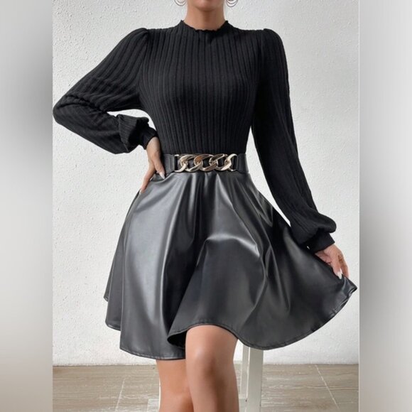 Black Vegan Mock Neck Lantern Sleeve  Dress Without Belt - Picture 2 of 5